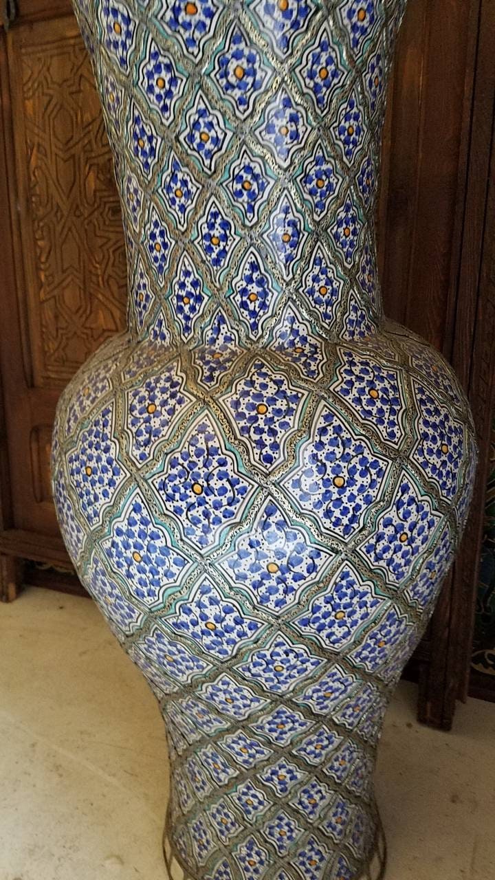 Hand Carved Vintage Moroccan Vase, Hand Painted Pottery, Metal Accents (38.5x14.5")