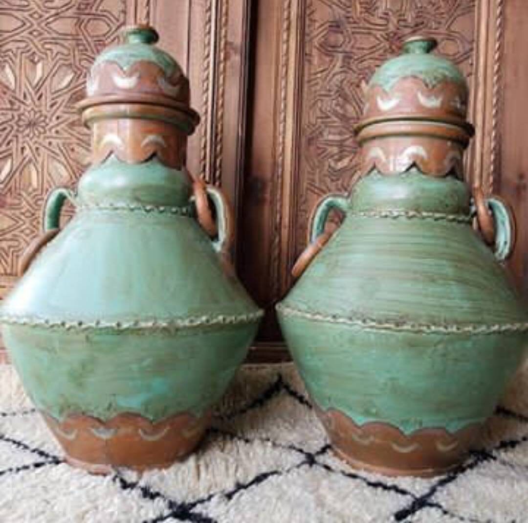 Vintage Green Berber Vases, Moroccan Handmade Pottery Collection
