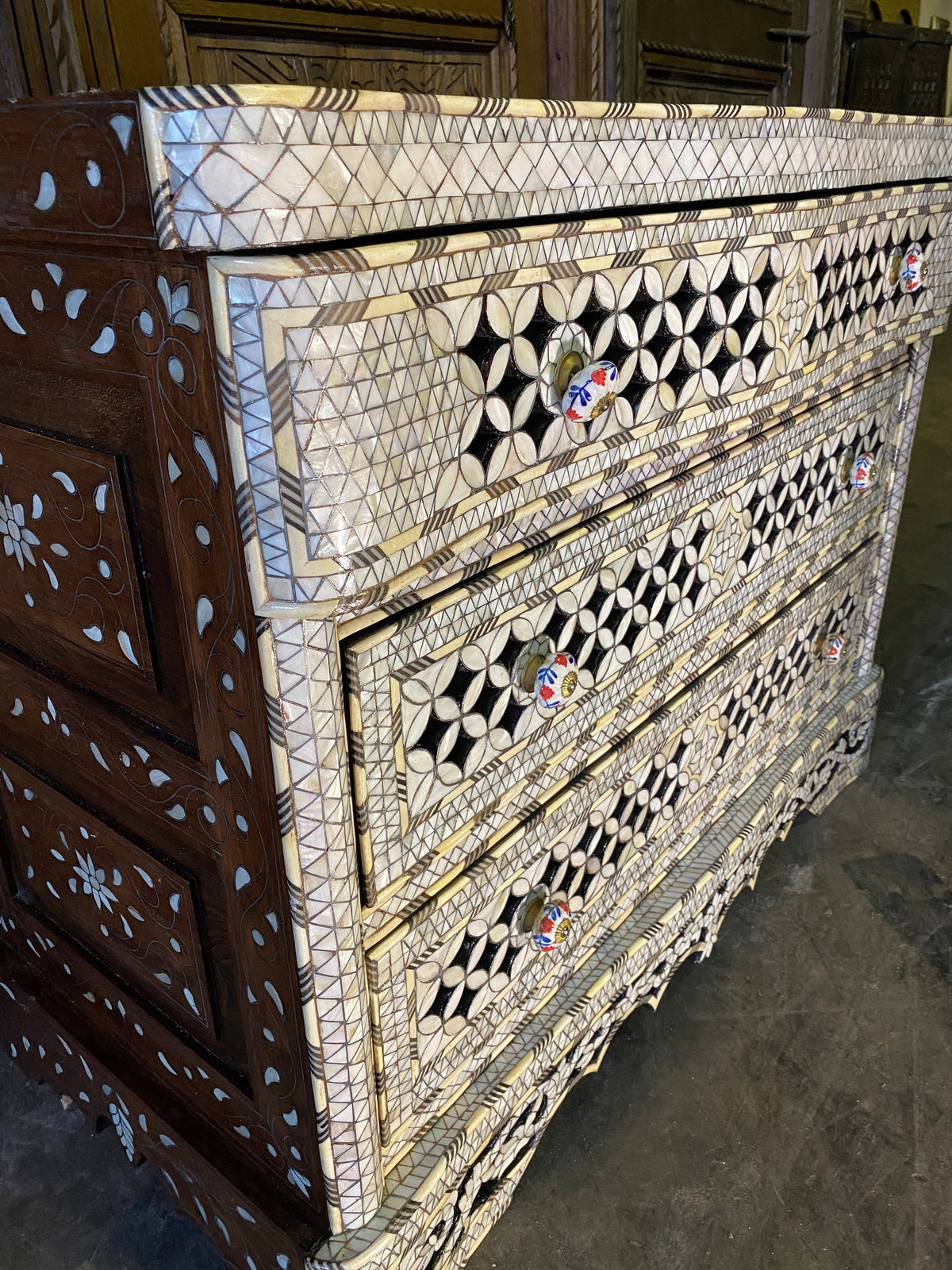 Vintage Syrian Mother of Pearl Inlaid Dresser, Moroccan Bone Chest