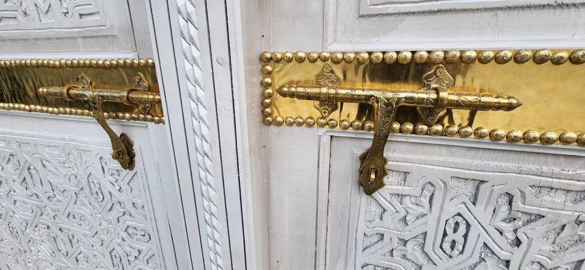 Handmade Moroccan Carved King Bed Headboard: Vintage Geometric Cedar, Brass door knockers
