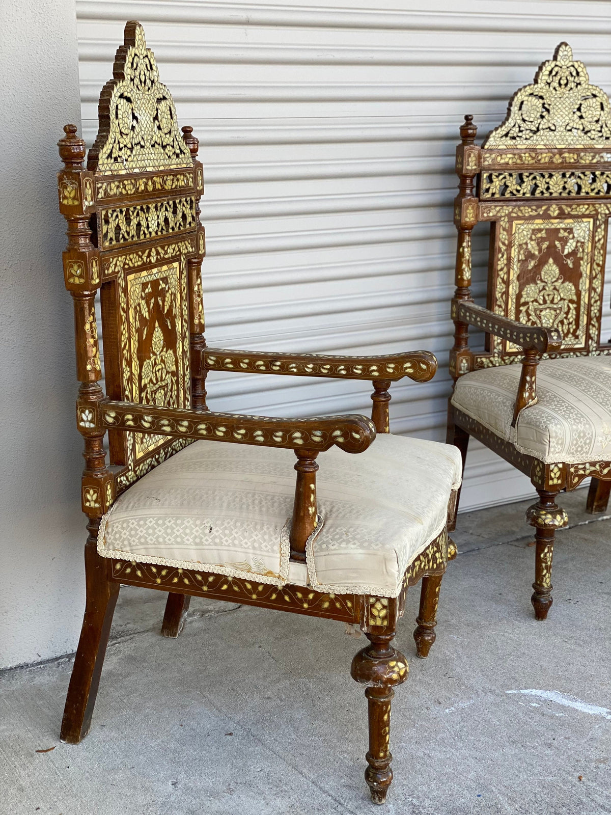 Antique Syrian Mother of Pearl Inlay Chairs with Tables, Ottoman Furniture