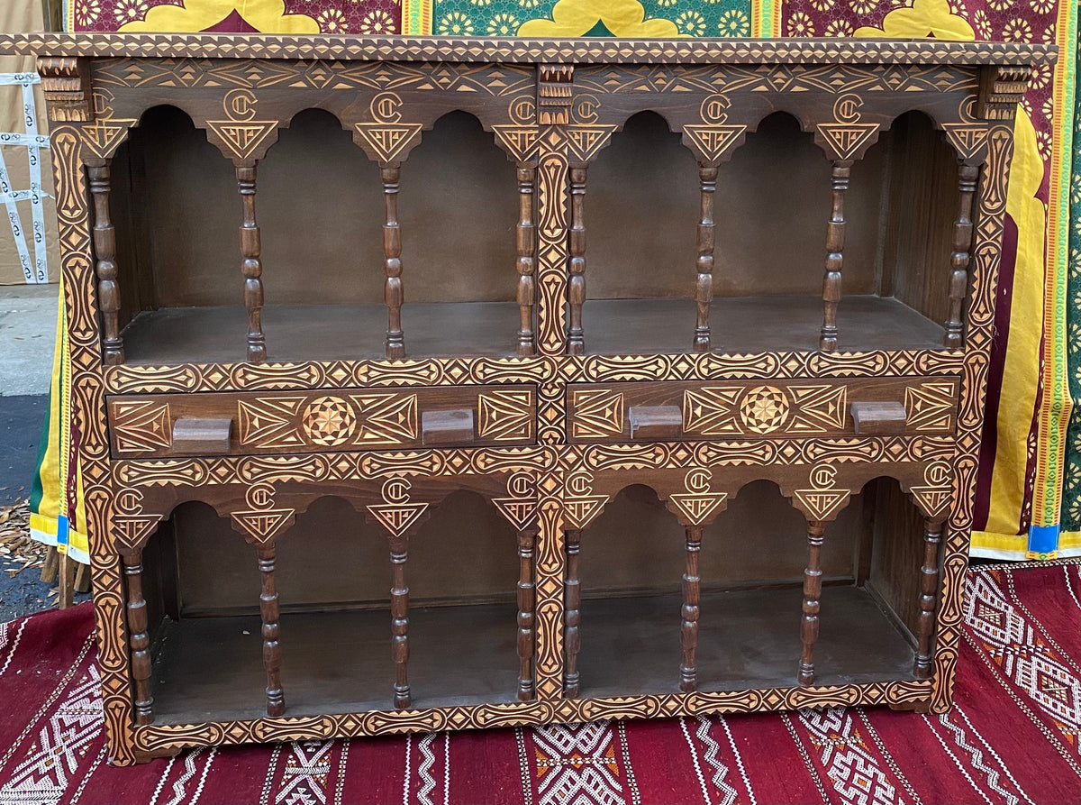 Handmade Moroccan Cedar Cabinet: Moorish Arch Carved Shelf