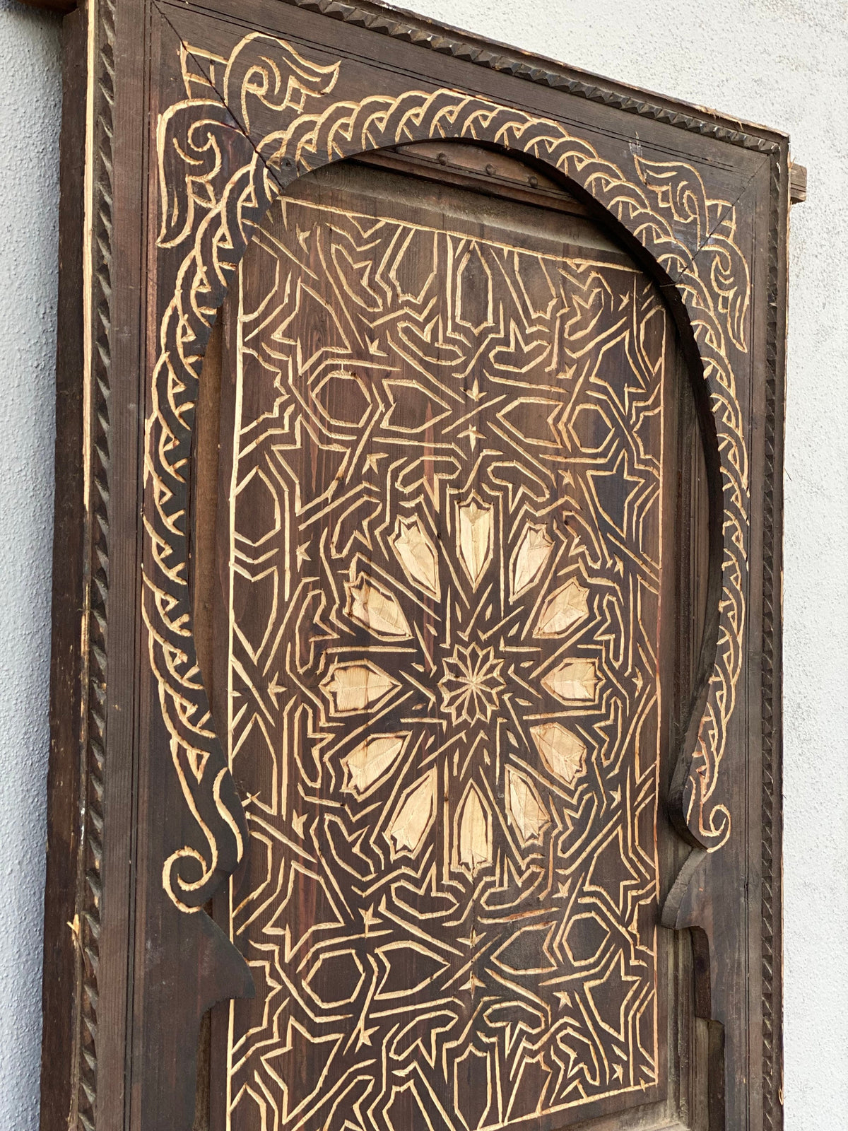 Vintage Moroccan Door, Geometric Hand Carved Wooden Panel (77x31)