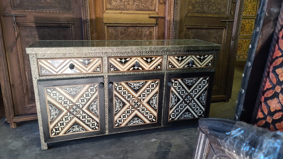 Handmade Moroccan Silver Metal & Bone Cabinet - Unique Buffet Furniture