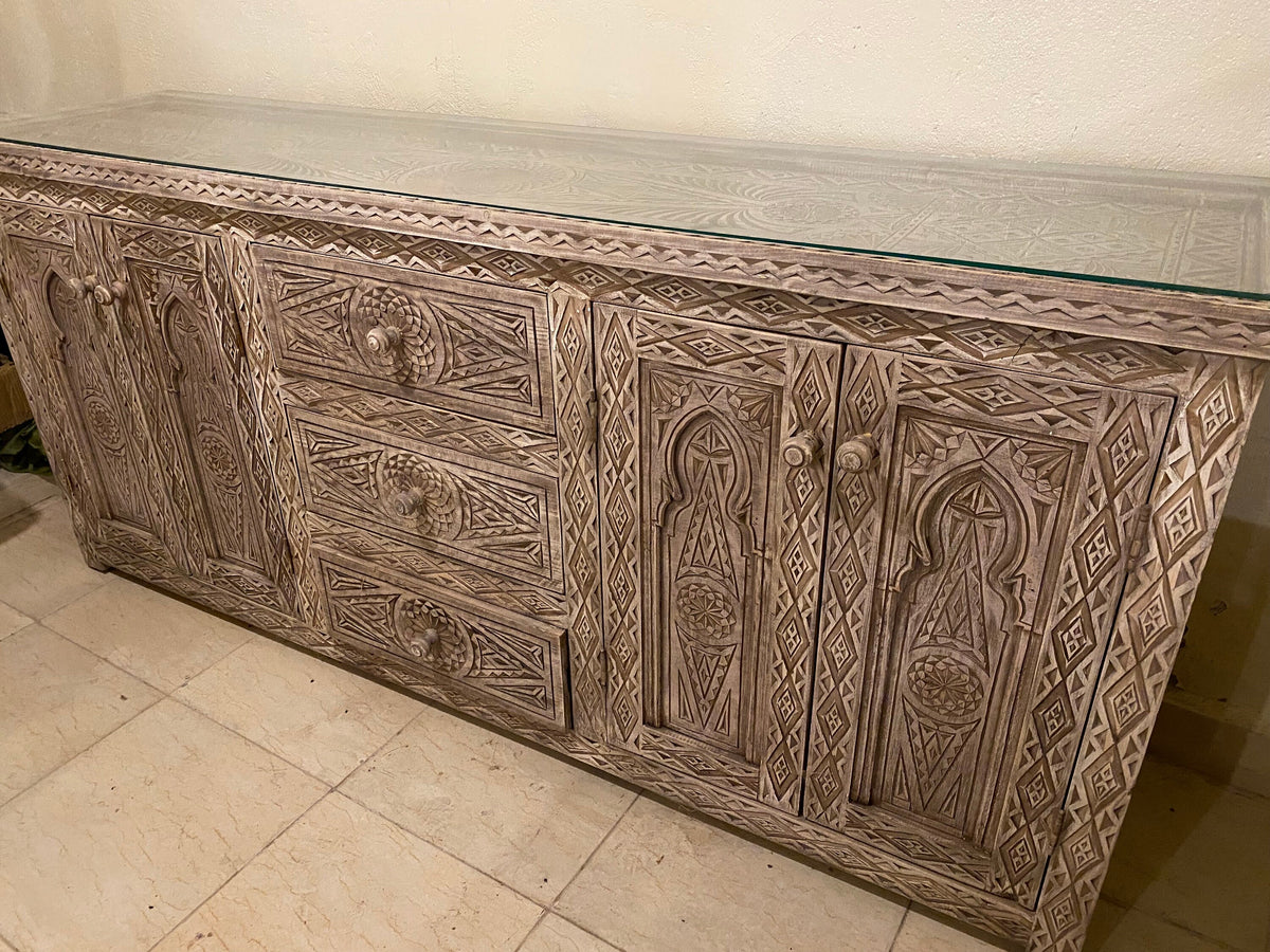 Handmade Moroccan Buffet, Carved Wood Cabinet, Moorish Dresser