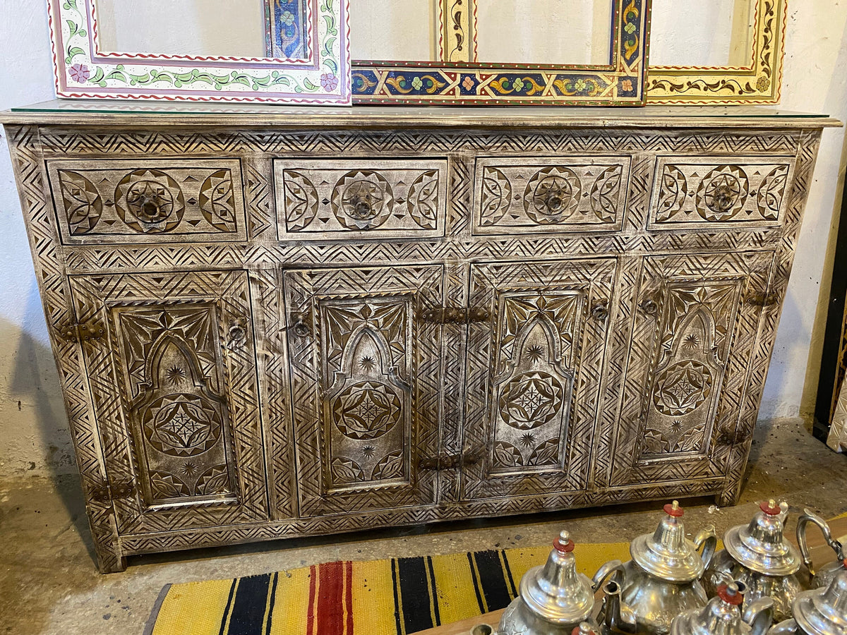 Handmade Carved Berber Wooden Credenza, Moroccan Buffet