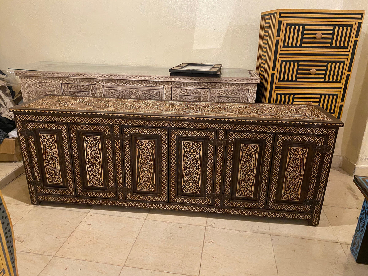 Handmade Carved Moroccan Cabinet, Ethnic Solid Wood Dresser, 204cm