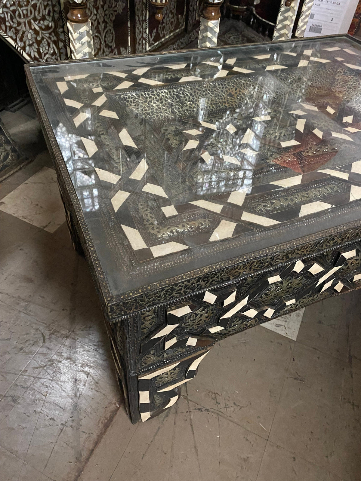 Vintage Moroccan Bone Inlay Table, Handmade Moorish Silver Metal