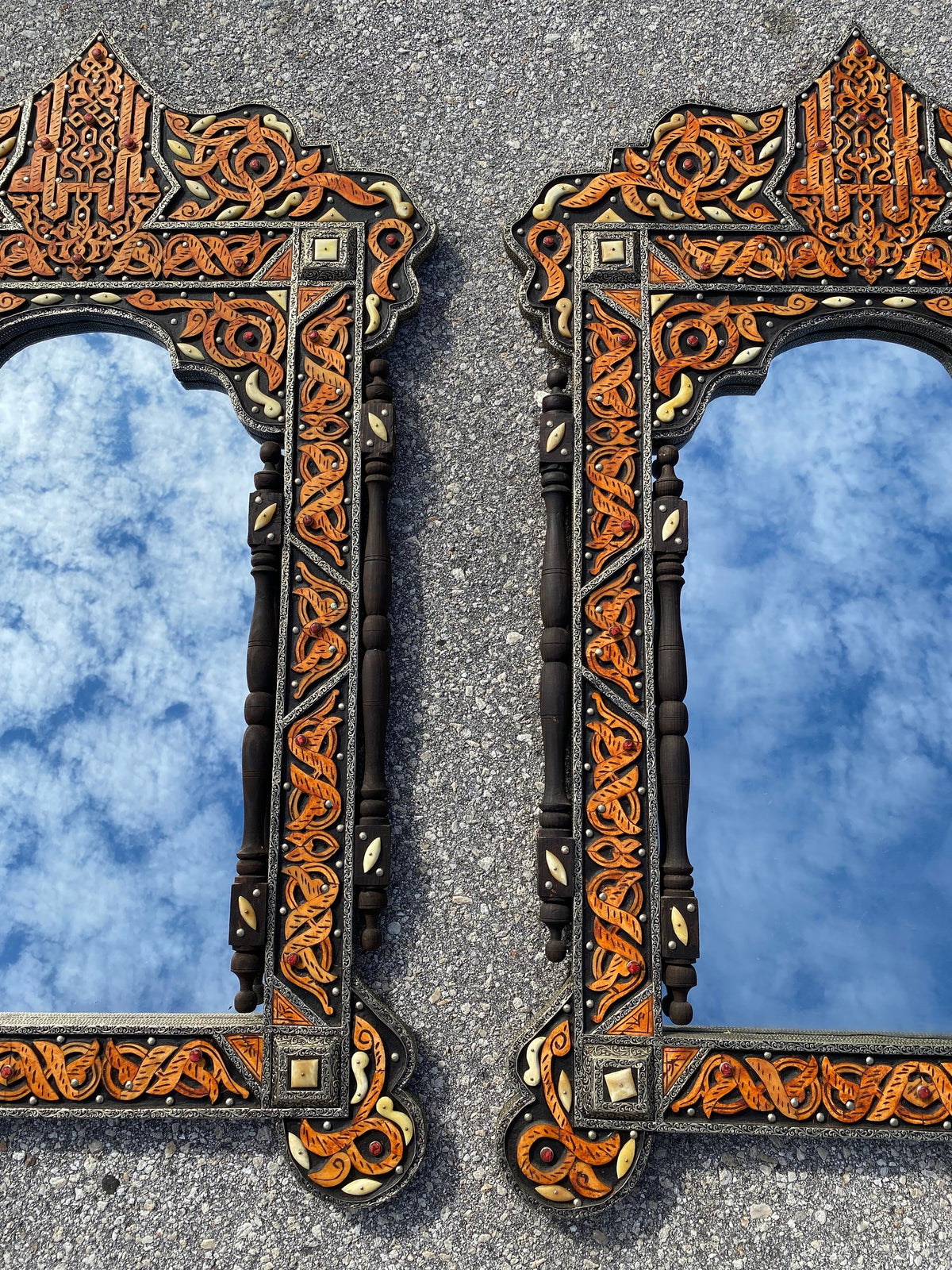 Vintage Moroccan Mirror: Allah Arabic Calligraphy, Camel Bone Inlay