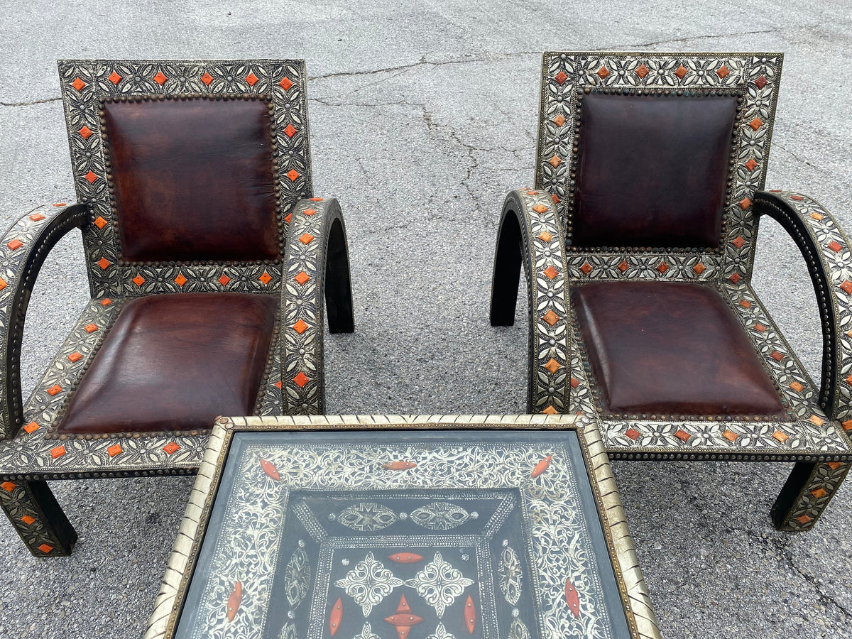Vintage Silver Metal & Leather Moroccan Chairs, Touareg Bone Inlay