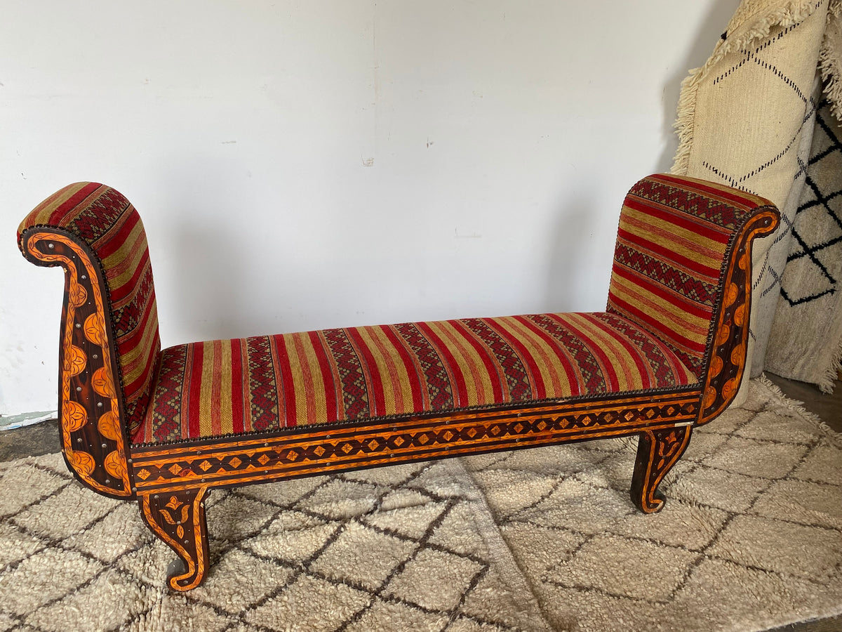 Vintage Moroccan Inlay Bench: Orange Bone & Upholstered Fabric Sofa