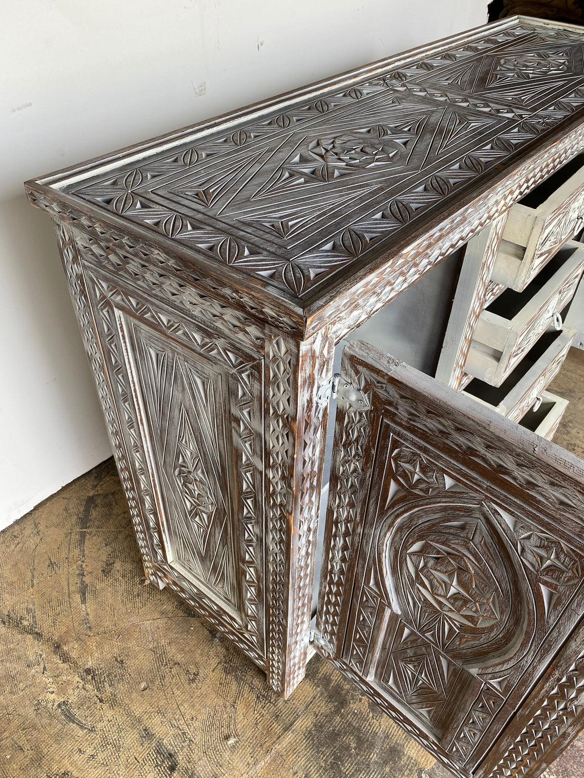 Handmade Berber Carved Wooden Credenza, Moroccan Buffet Cabinet