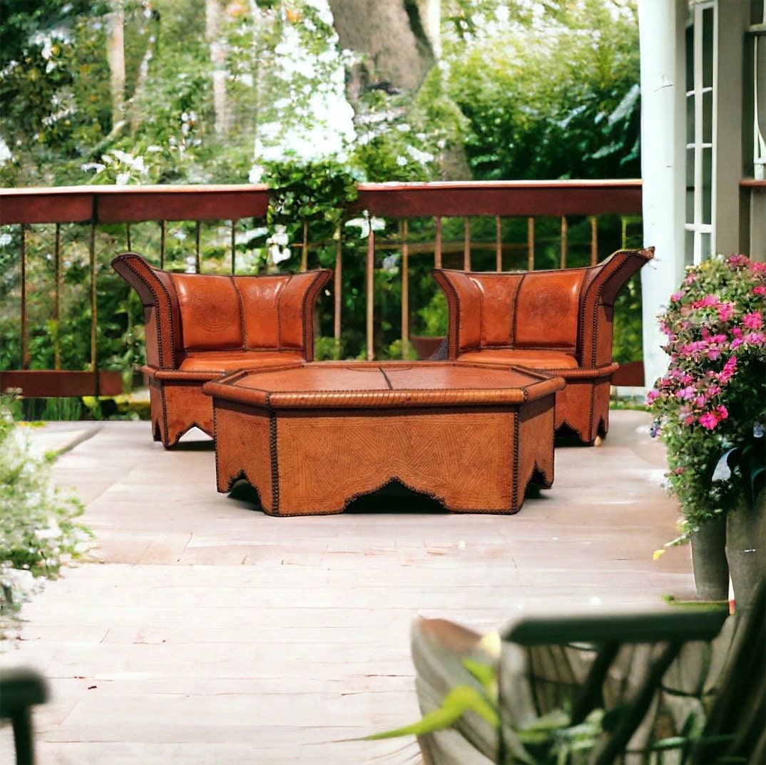 Vintage Orange Leather Moroccan Table and Chairs Set, Handmade Solid Wood