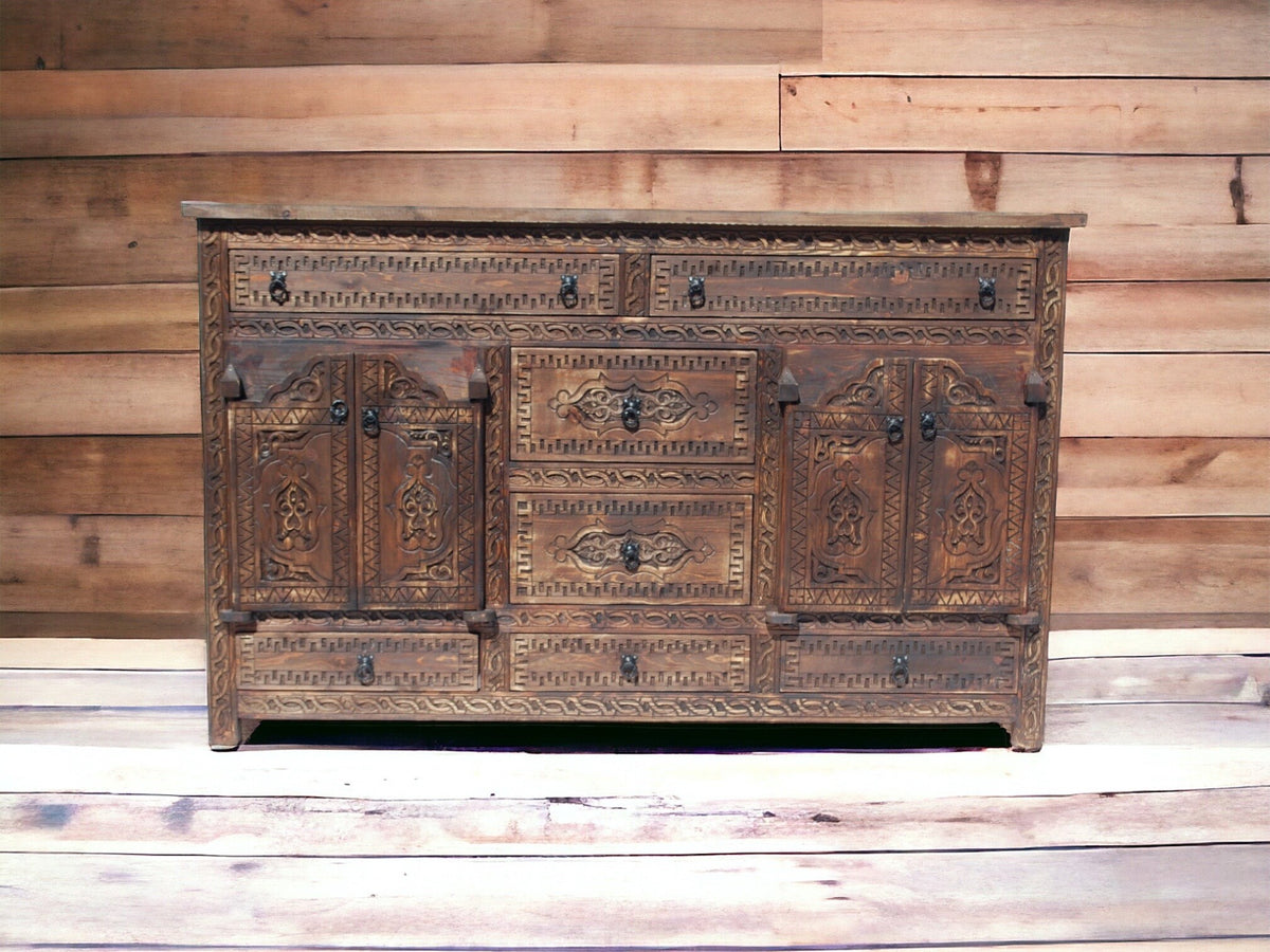 Handmade Moroccan Carved Wood Credenza: Rustic Moorish Dresser