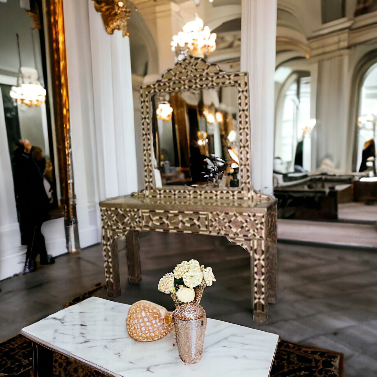 Vintage Moroccan Bone Inlay Console Table with Mirror