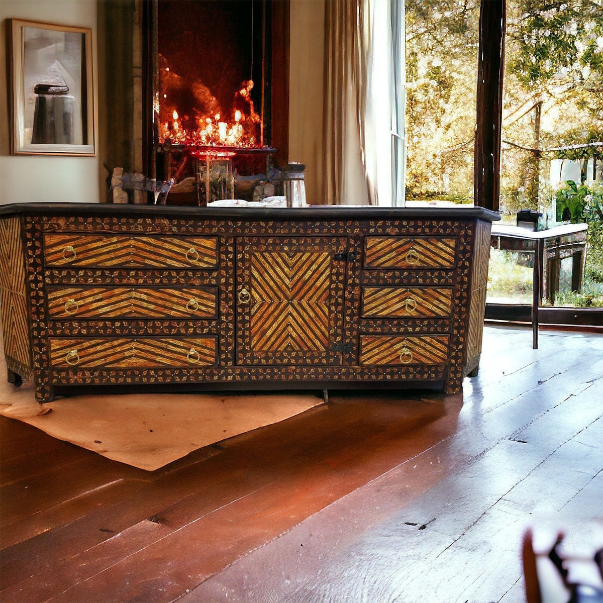 Vintage Moroccan Buffet: Orange Bone Inlay, Handmade Wood Cabinet (81x28x18)