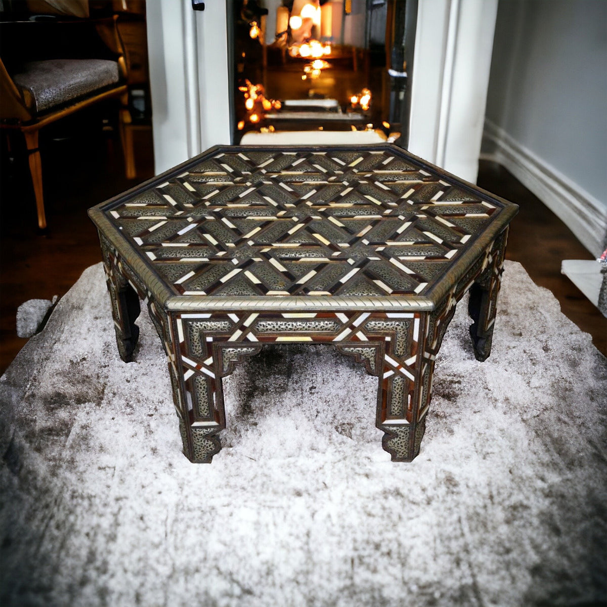 Vintage Moroccan Inlay Table: Bone & Silver, Geometric Artwork