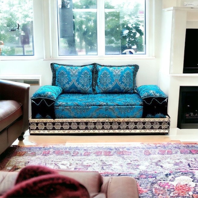 Blue Moroccan Daybed Sofa, Handmade Silver Metal Bench