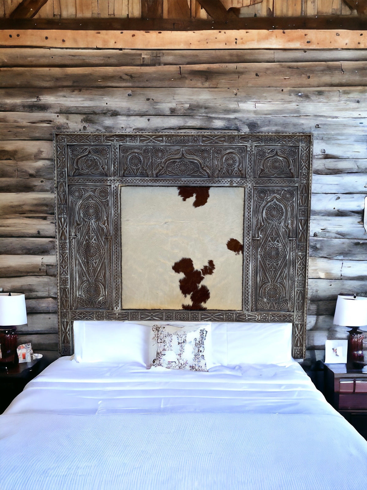 Hand Carved Cowhide Headboard | Moroccan Berber Bed Frame