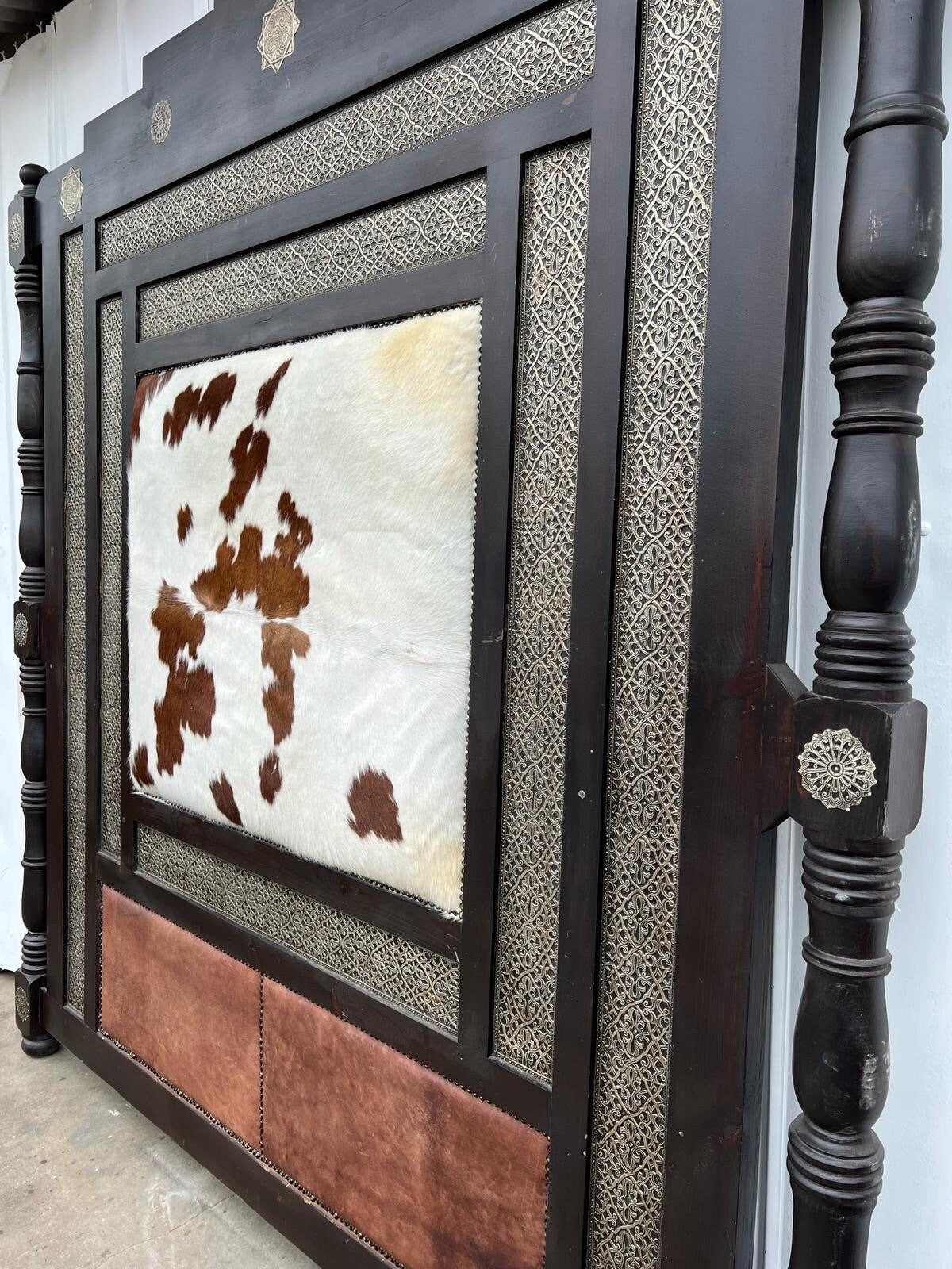 Handmade Moroccan Cowhide Headboard Bed: Rustic Berber Decor (82”x88”)