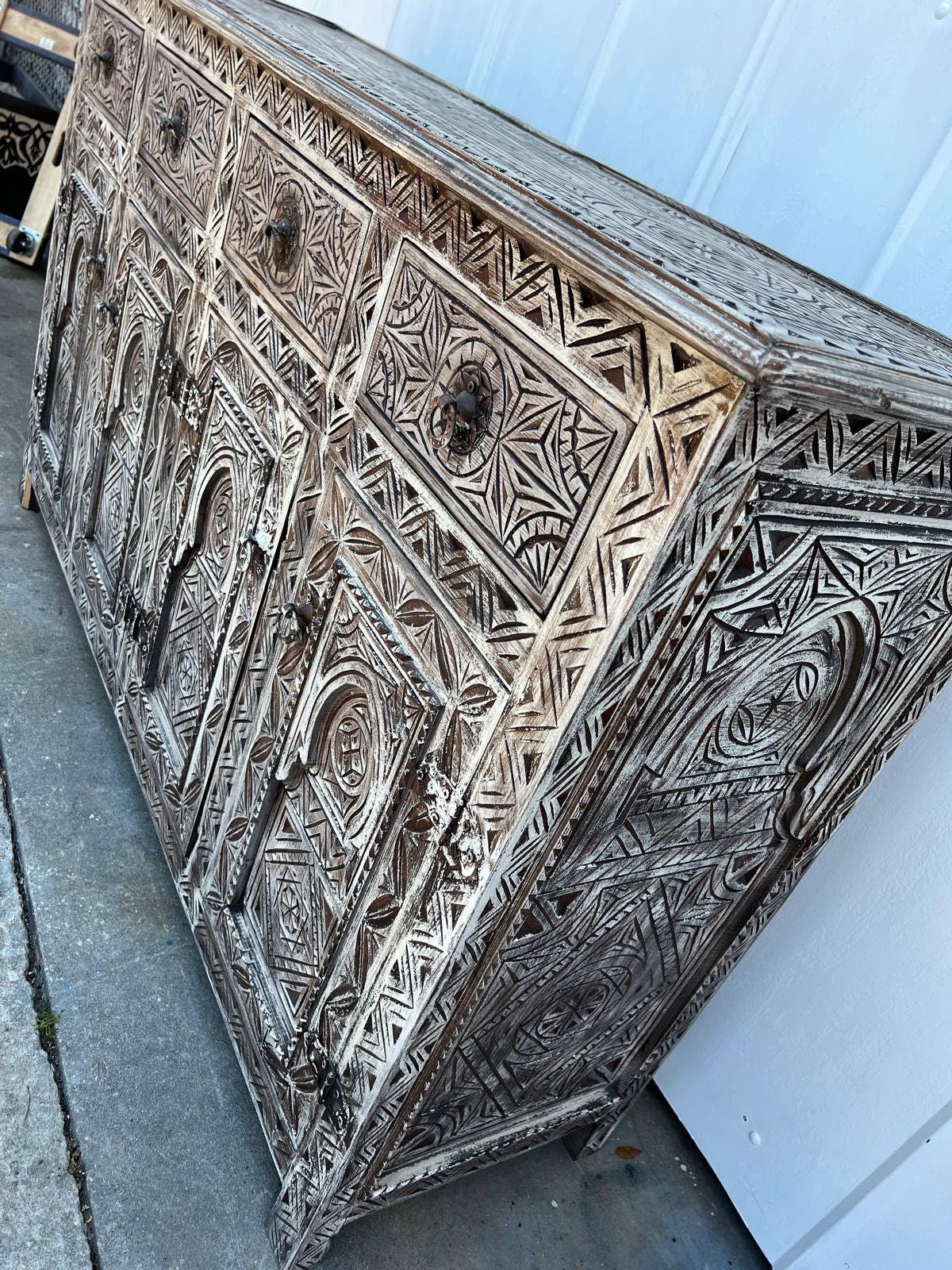 Handmade Carved Berber Wood Buffet, Moroccan Cabinet with Drawers