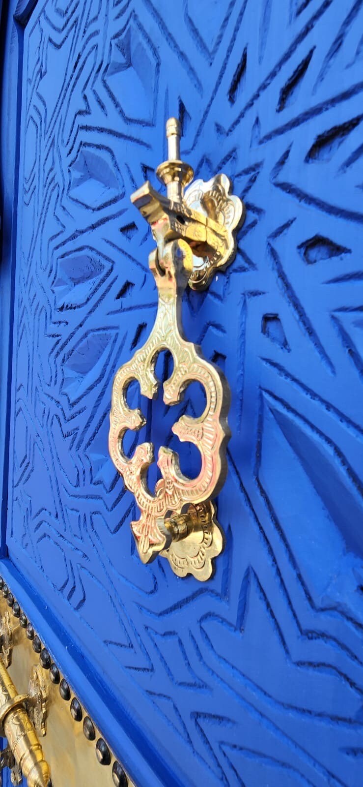 Handmade Moroccan Blue Headboard Bed, Carved Cedar Doors & Brass