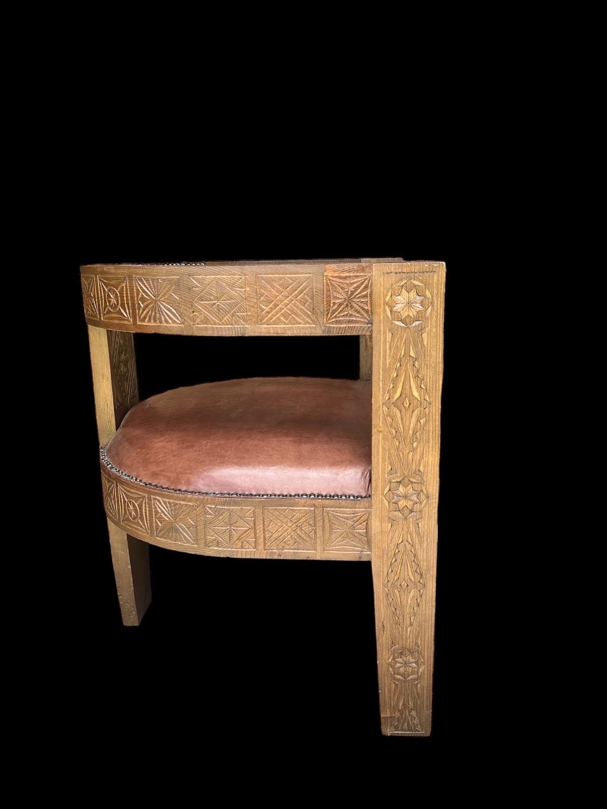 Handmade Moroccan Carved Wood & Leather Chair
