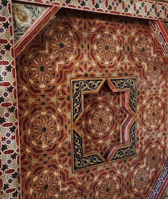 Vintage Hand-Painted Moroccan Wooden Ceiling Panel, Geometric Star Medallion (78x78)