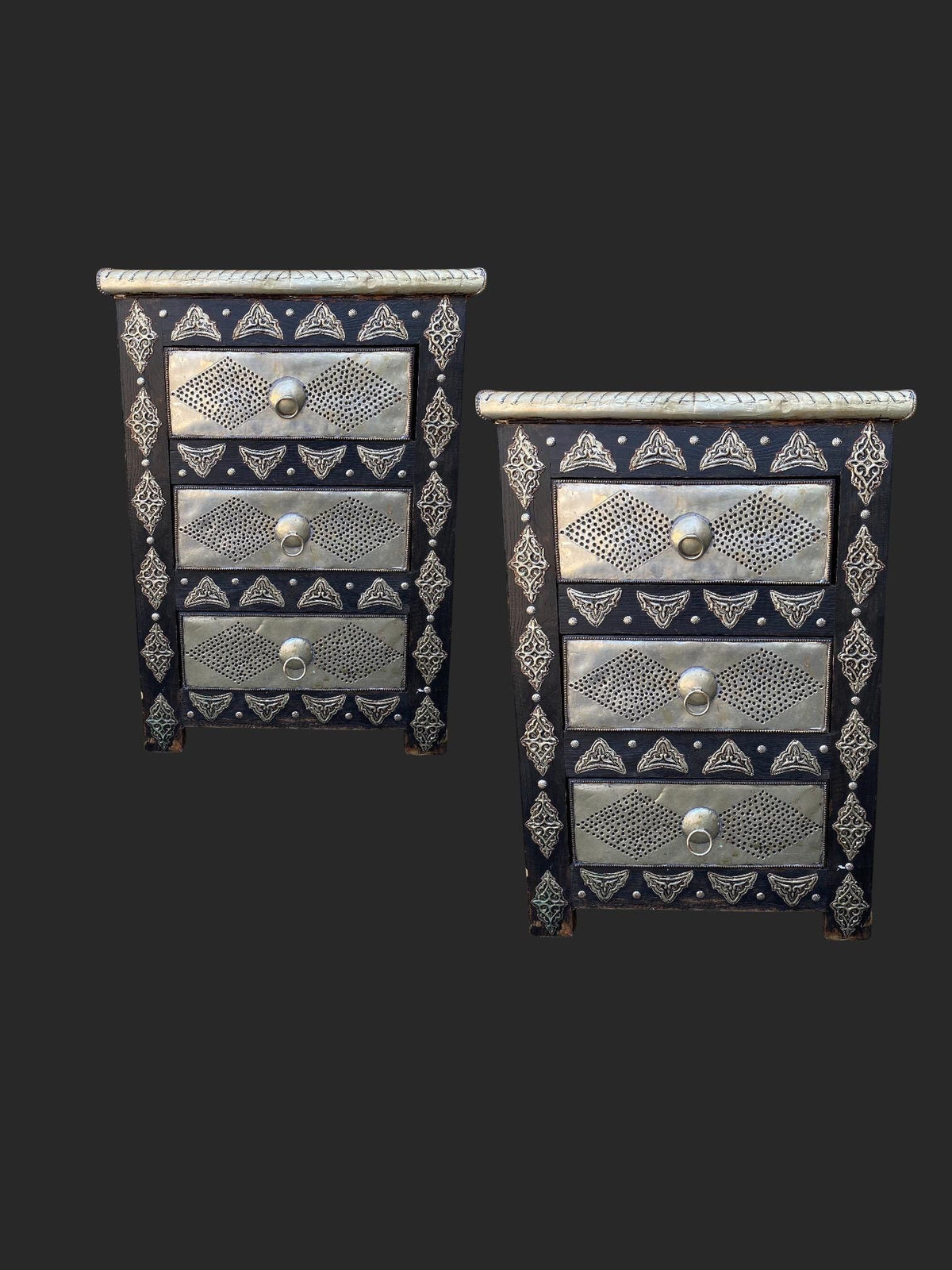 Two Handmade Moroccan Nightstand: Hammered Silver Metal, 3 Drawers
