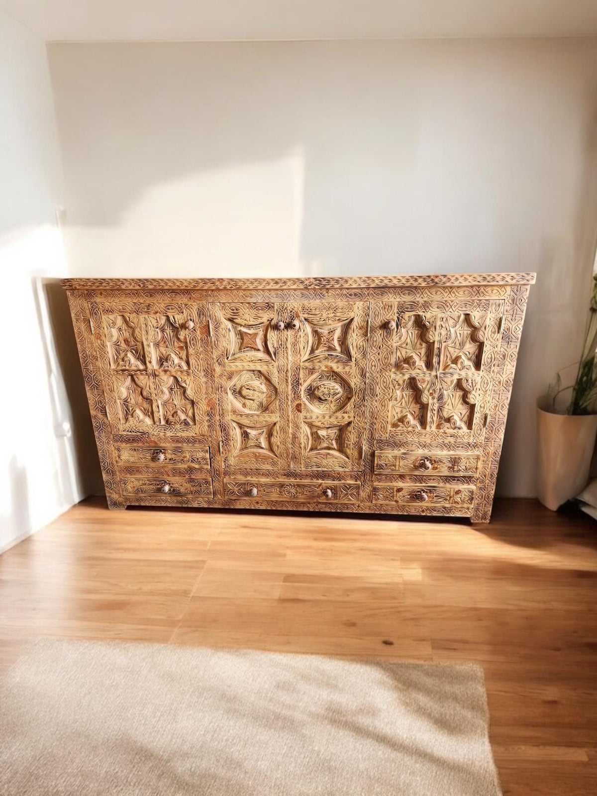 Hand Carved Moroccan Wooden Cabinet, African Artwork, Five Drawers