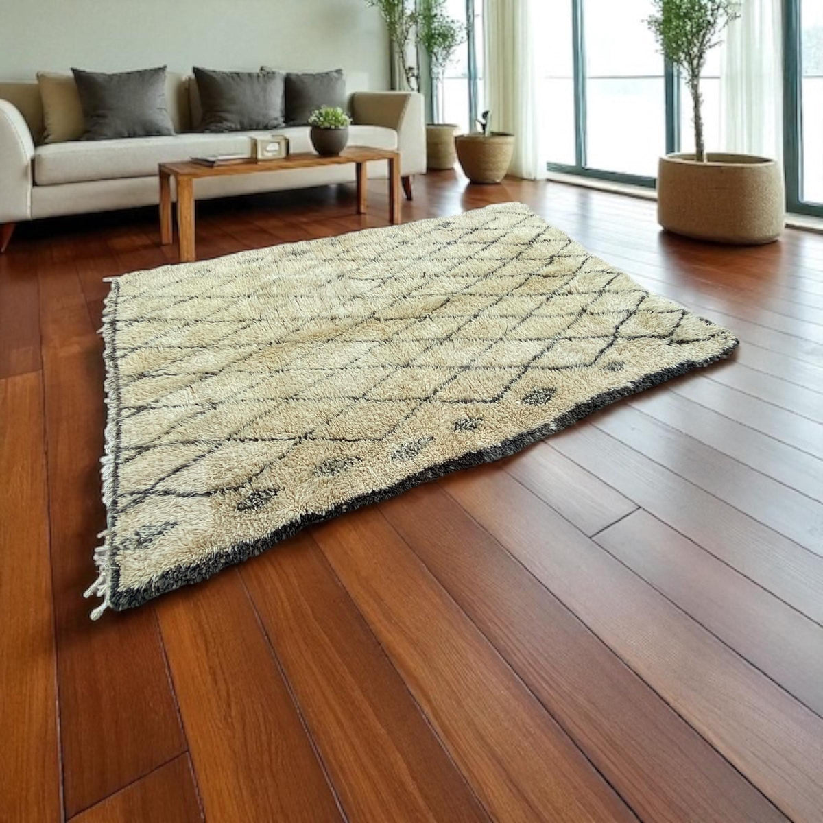 Handwoven Moroccan Beni Ourain Rug, Diamond Geometric Wool Carpet (87x60)