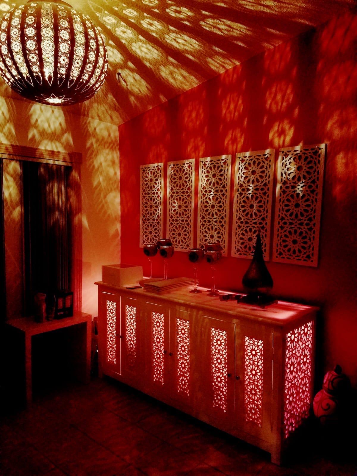 Handmade Moroccan LED Wooden Credenza, Marble Top Buffet