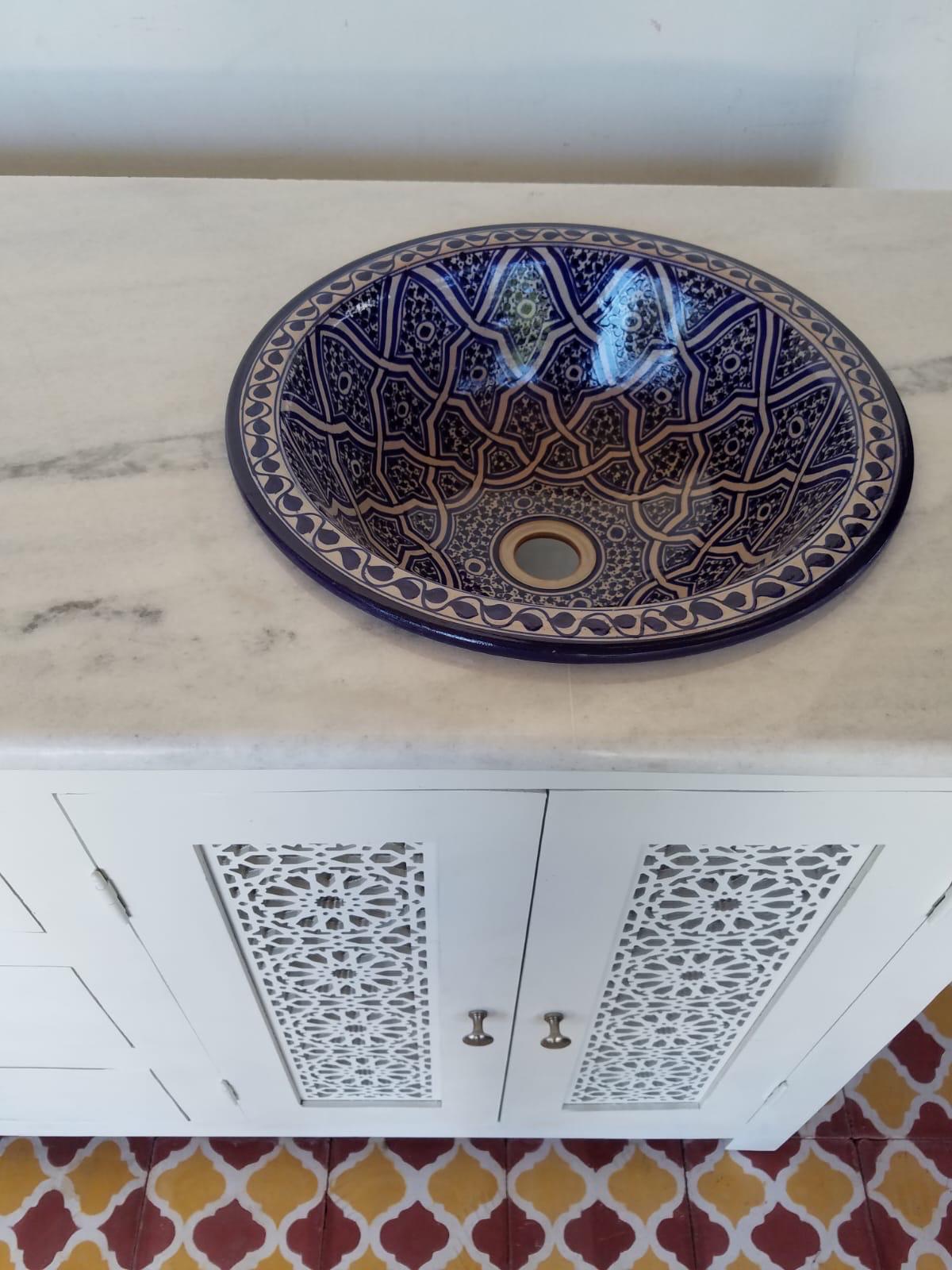 Moroccan Marble Top Bathroom Vanity with Fez Pottery Sinks