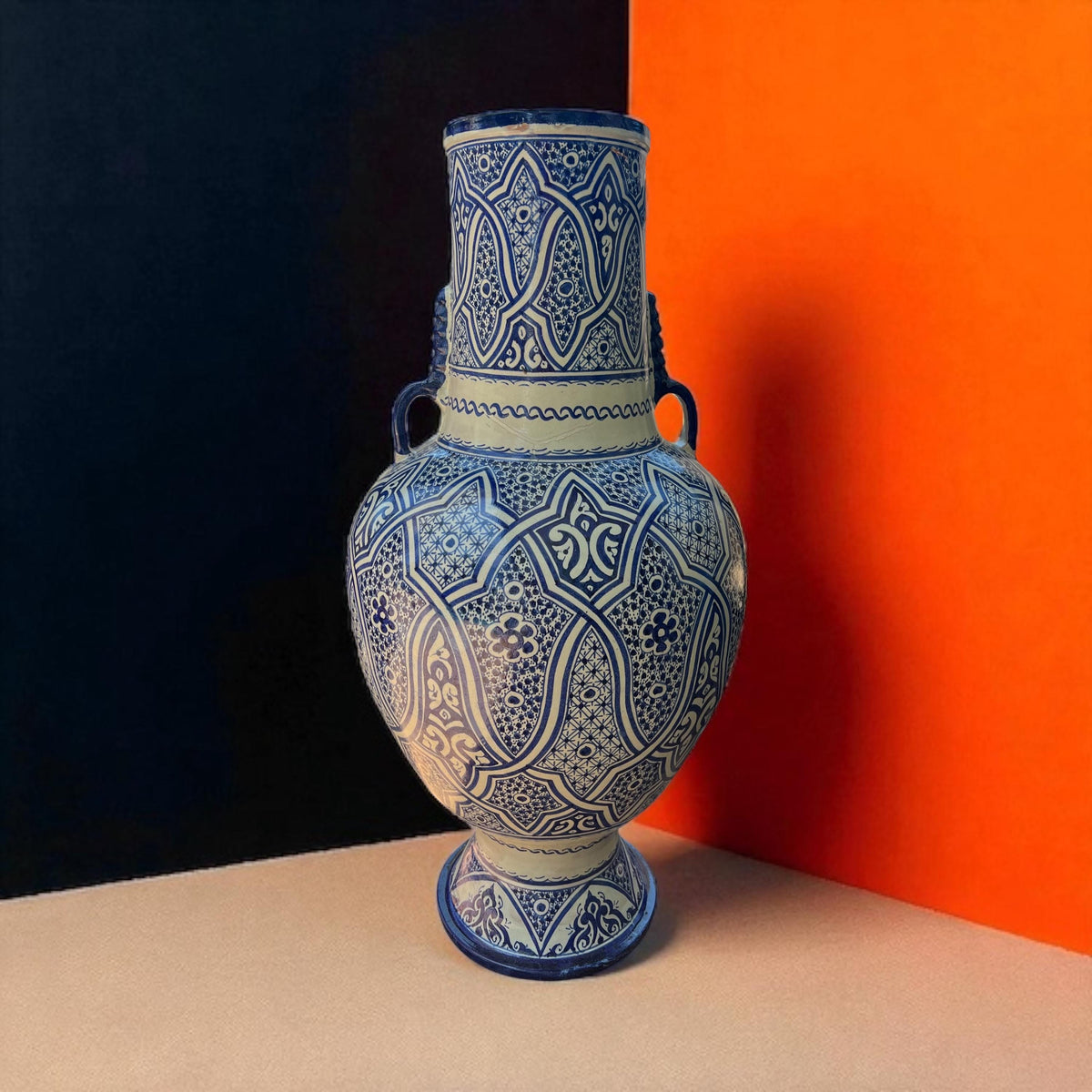 Large Blue Moroccan Pottery Vase: Hand-Painted Andalusian Decor