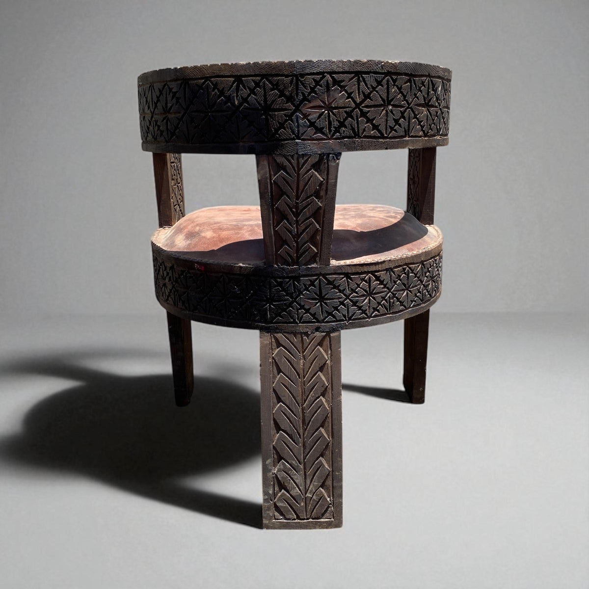 Vintage Carved Moroccan Leather Chair, Handmade Cedar Wood Accent Piece