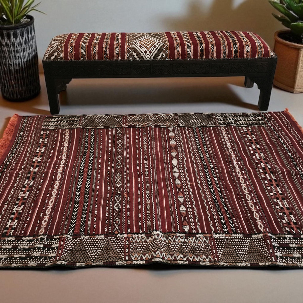 Vintage Berber Kilim Rug & Bench Set, Handwoven Moroccan Carpet