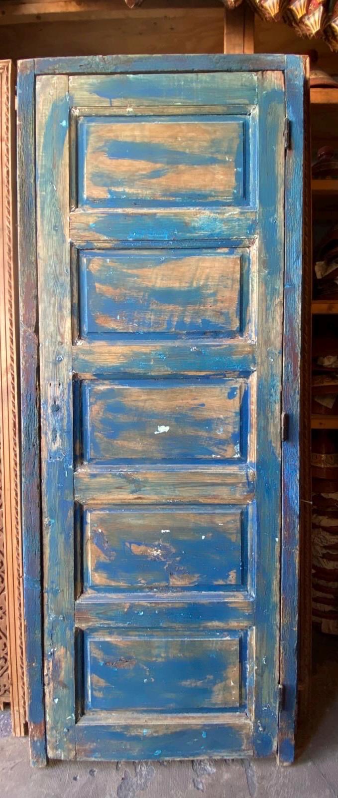 Vintage Carved Blue Door: Moroccan Berber, Handmade Cedar