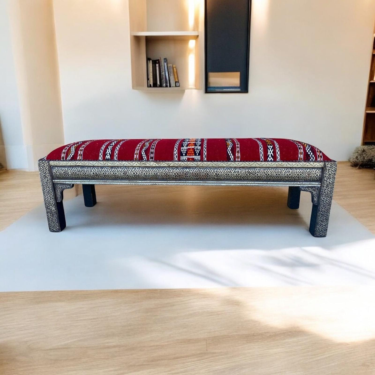 Vintage Kilim Bench, Moroccan Metal Accents, Berber Handwoven Rug