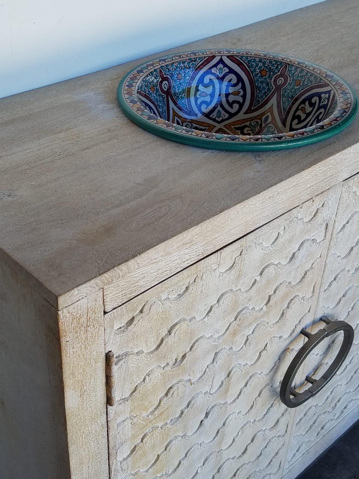 Unique bathroom sink vanity cabinet comes with two pottery sinks clay vessels from Morocco