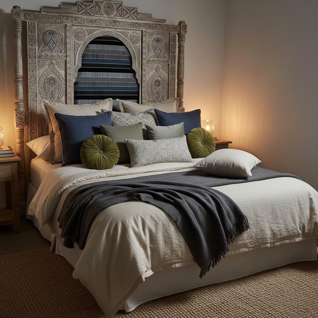 Moroccan carved wooden headboard with Sabra upholstered cushion, traditional art-inspired design for a stylish bed display
