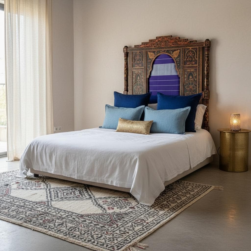 Hand-Painted Moroccan Headboard Bed | Bed Upholstered with sabra fabric