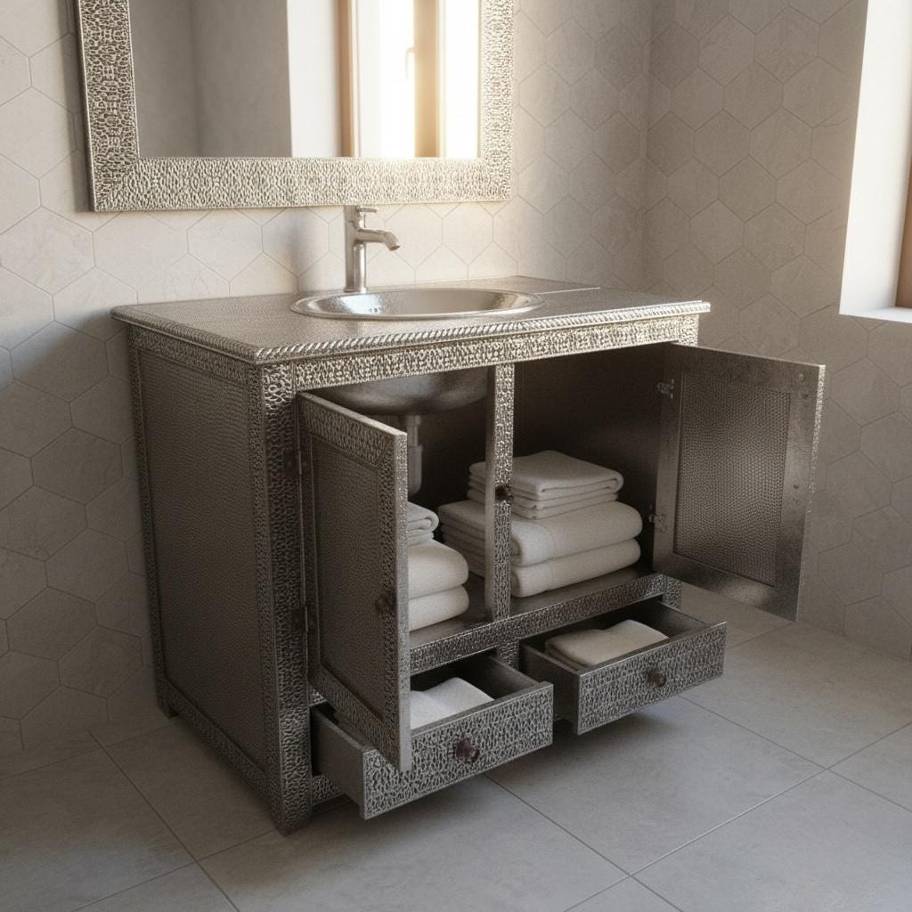 Nickel vanity sink cabinet: Moroccan bathroom decor