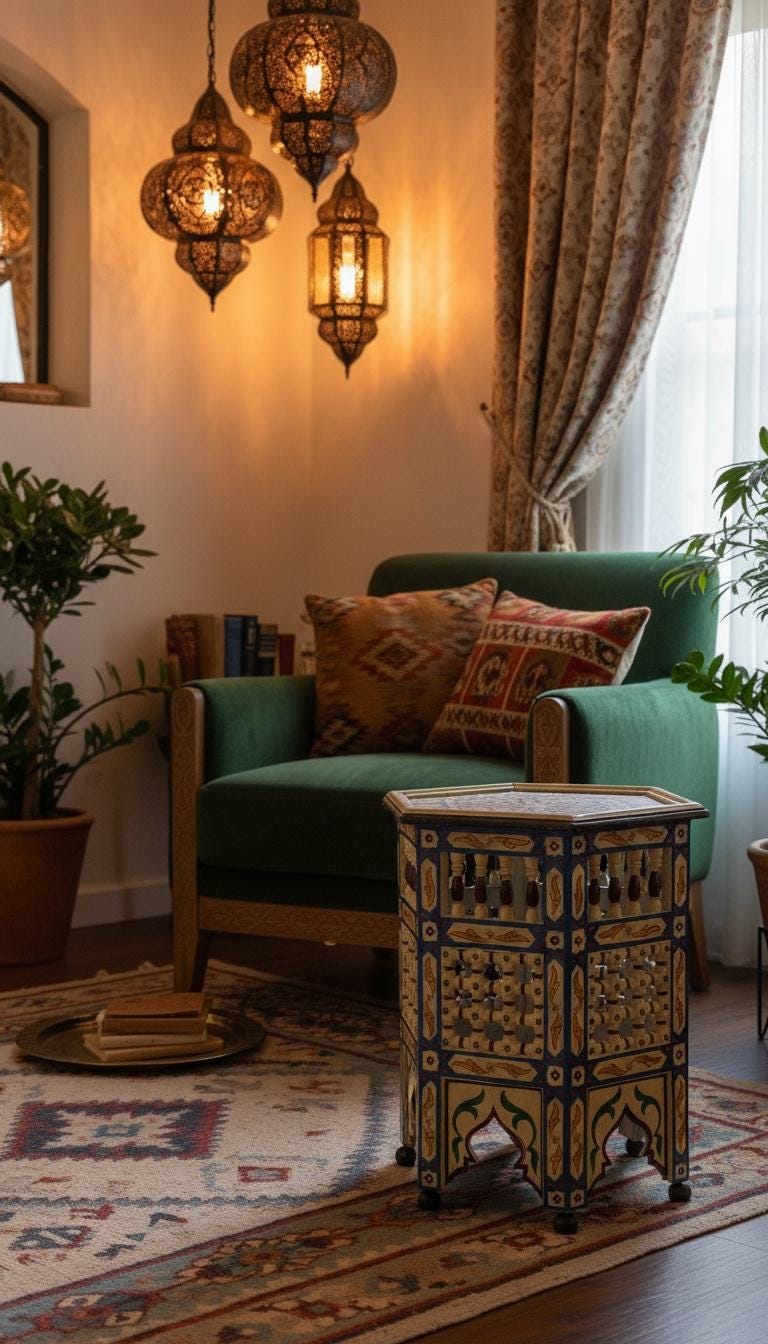 Hand-Painted Moroccan Side Table: Zouaq Artistry, Geometric Patterns, Hexagonal Furniture