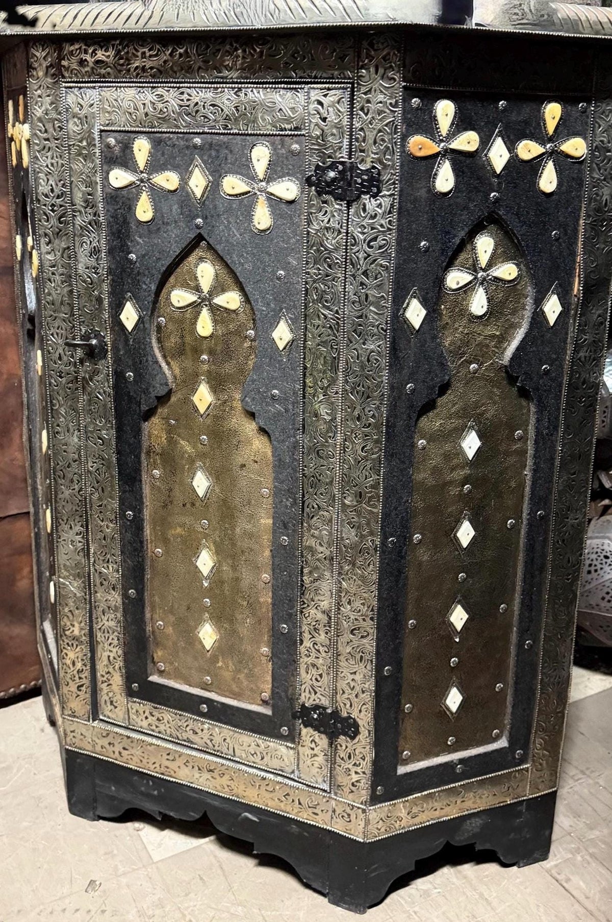 Handcrafted silver Inlay Bone Corner Cabinet - Moroccan Ethnic Decor