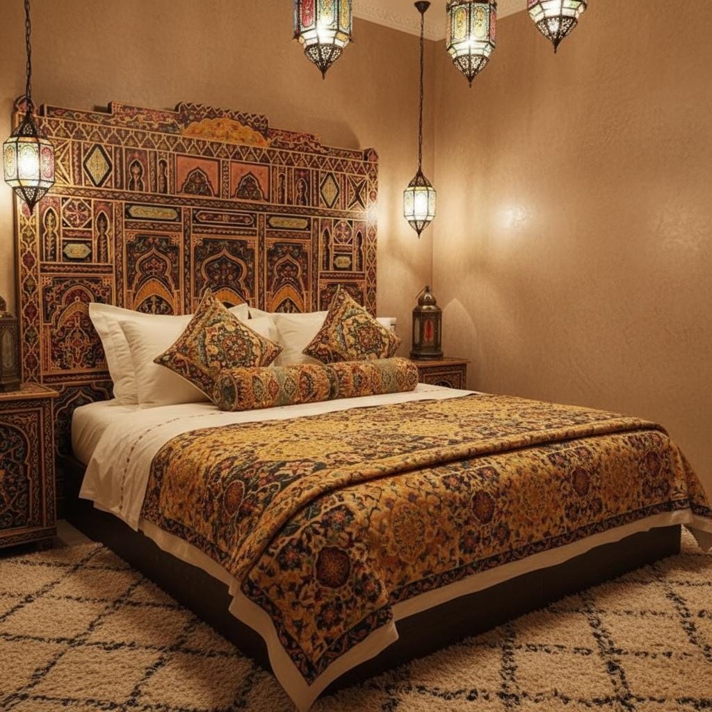 Hand-Painted Moroccan Headboard Bed | Rare Moorish Bed