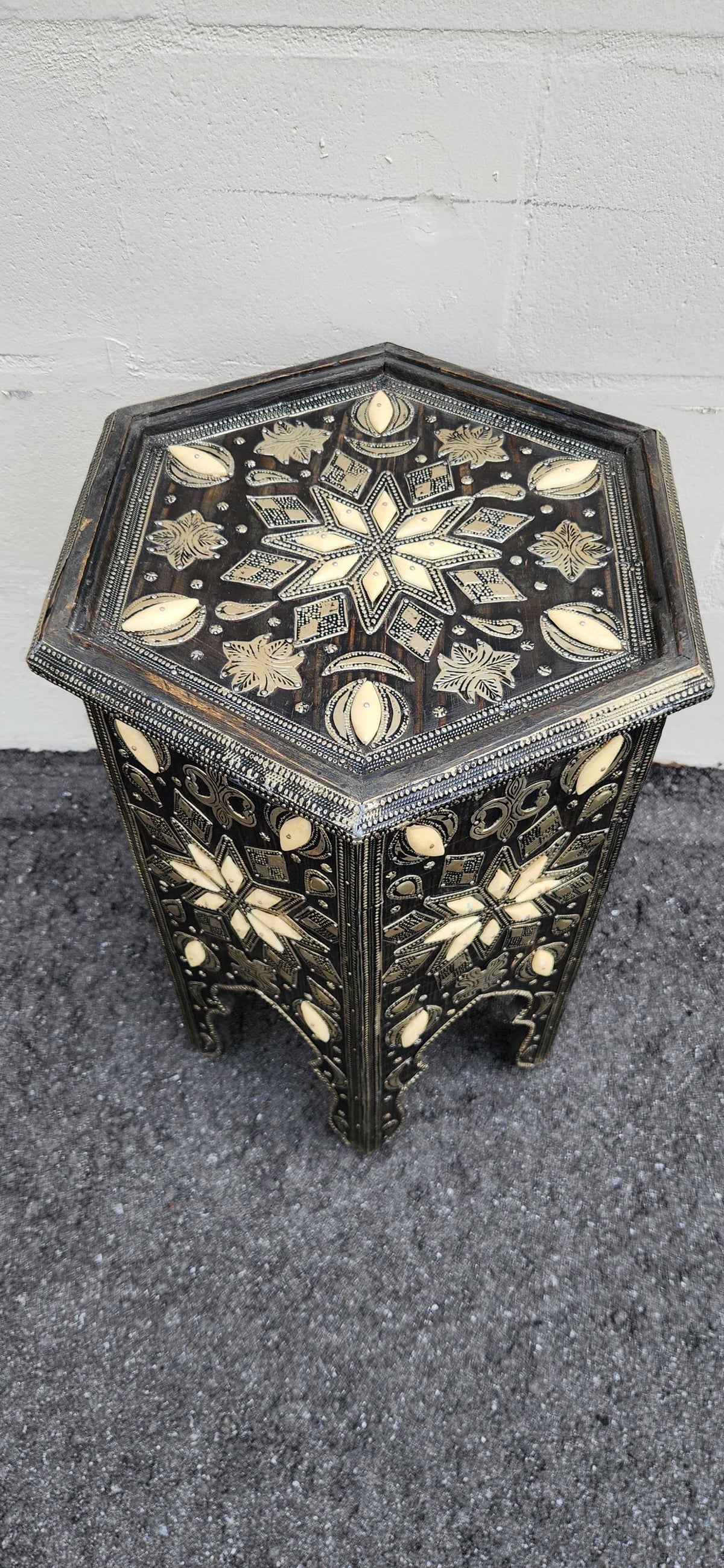 One of a kind vintage unique Bone Inlay side Table: Handmade Moroccan coffee table
