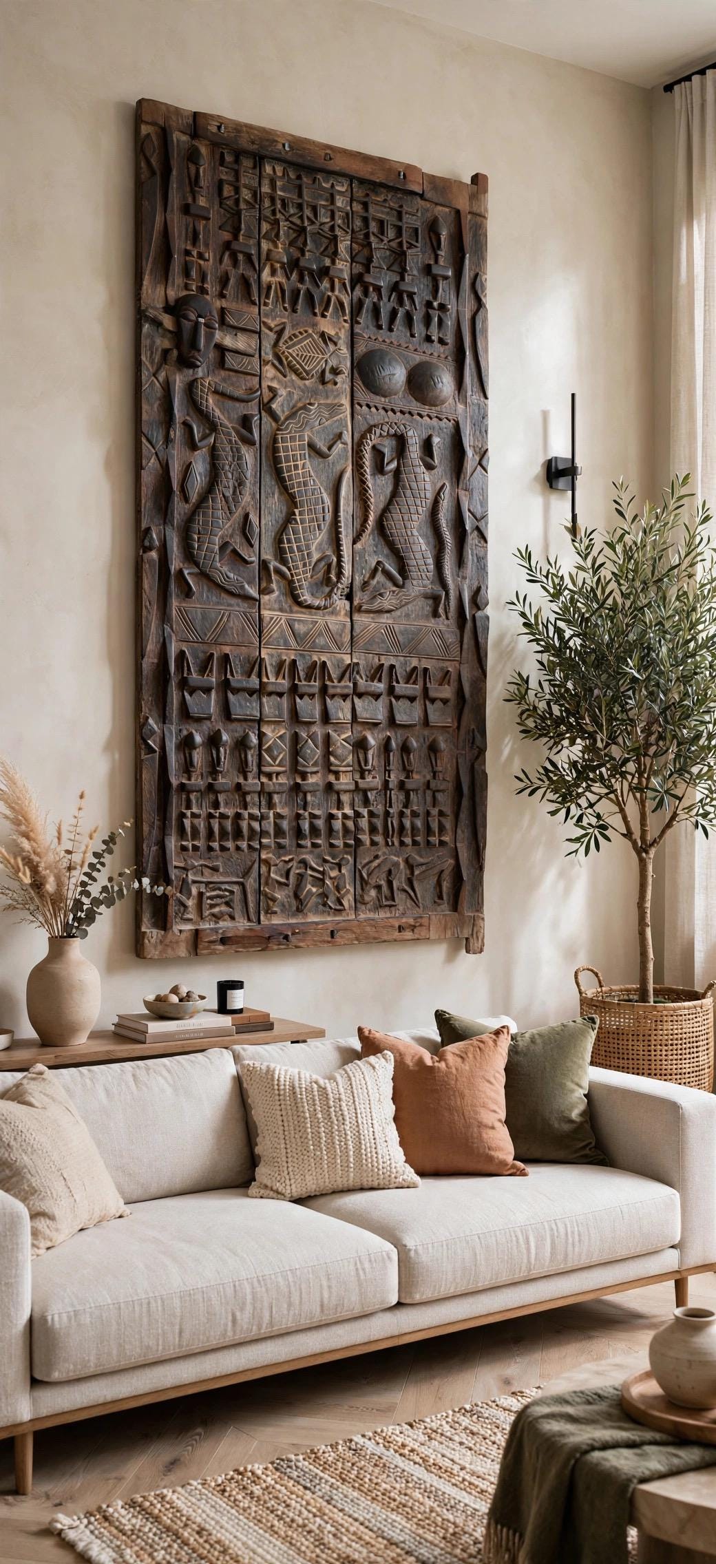 Unique Wall decor Antique African Dogon Granary Door Panel: Carved Wood Tribal Art (76x34)