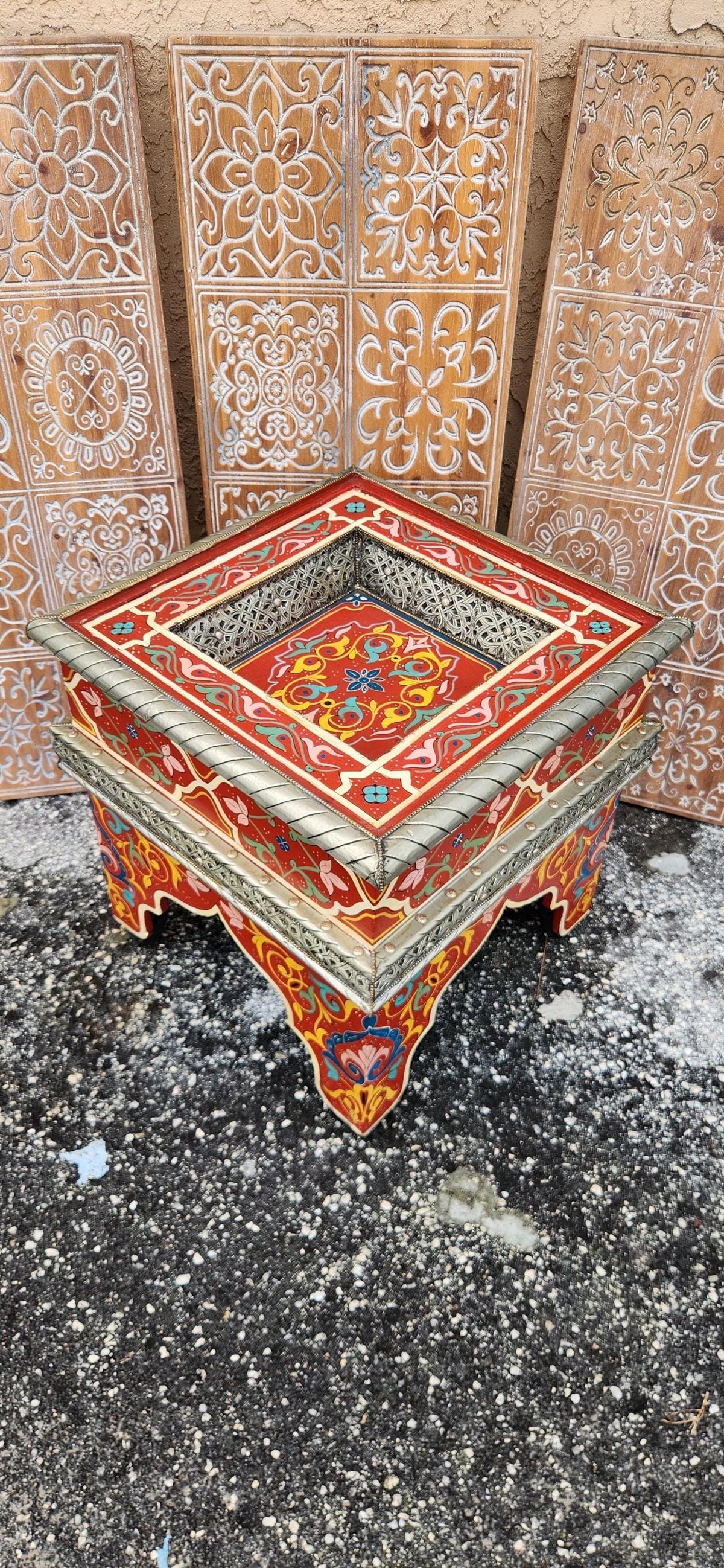 Hand-Painted Moroccan Zouak Side Table with Embossed Metal Trim