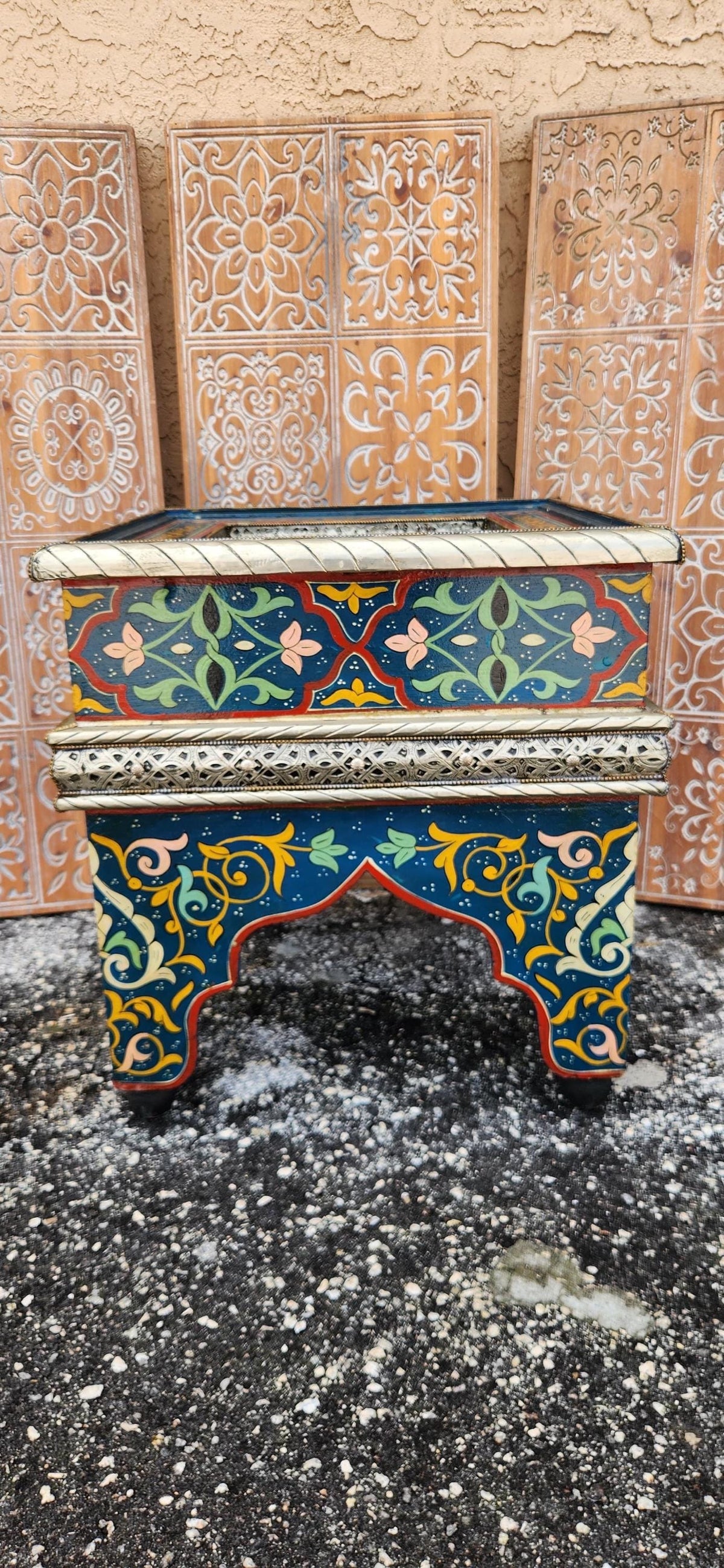 Blue Hand-Painted Moroccan Zouak Side Table with Embossed Metal Trim