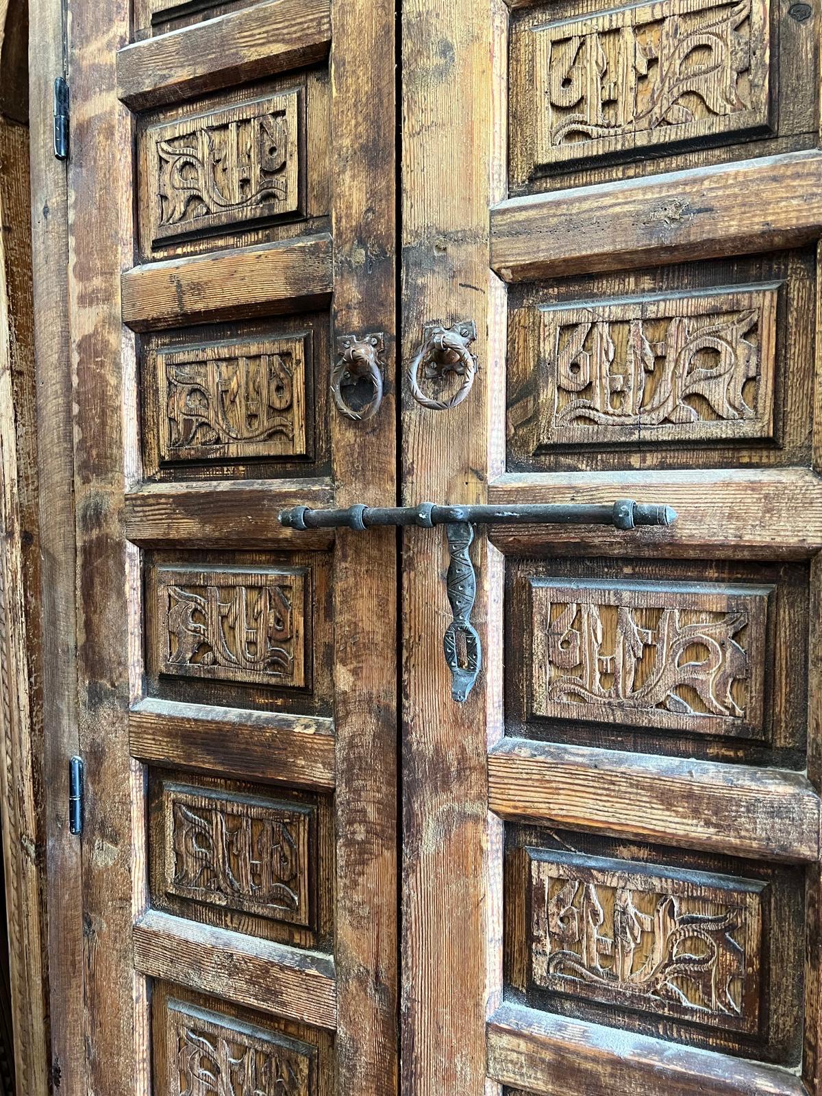 Rare Antique berber double Door Panel: Carved Wood Moroccan Tribal wall Art decor